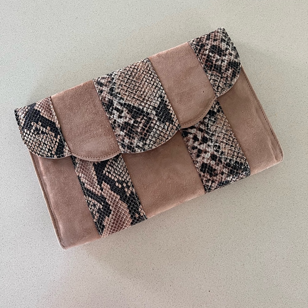 Laura Vela Taupe Suede Clutch with Snake-Print Accents